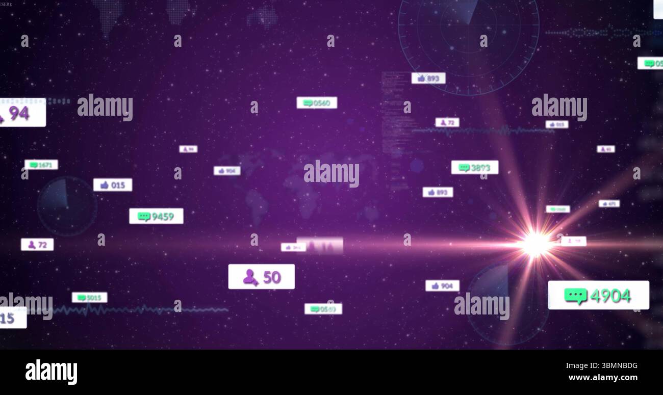 Displaying green chat notification bubble showing 4904 metrics in starry map interface, copy space Stock Photo