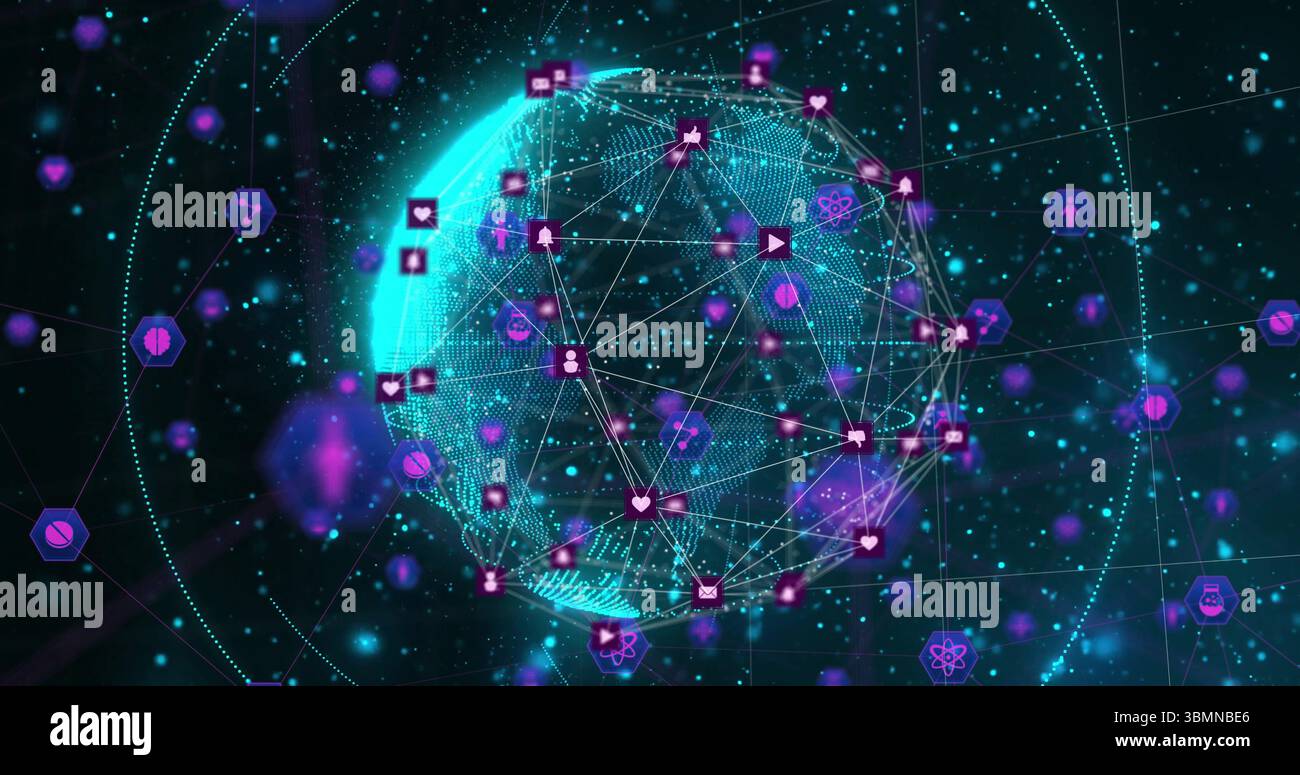 Interconnected icons glowing over globe in digital network image design Stock Photo