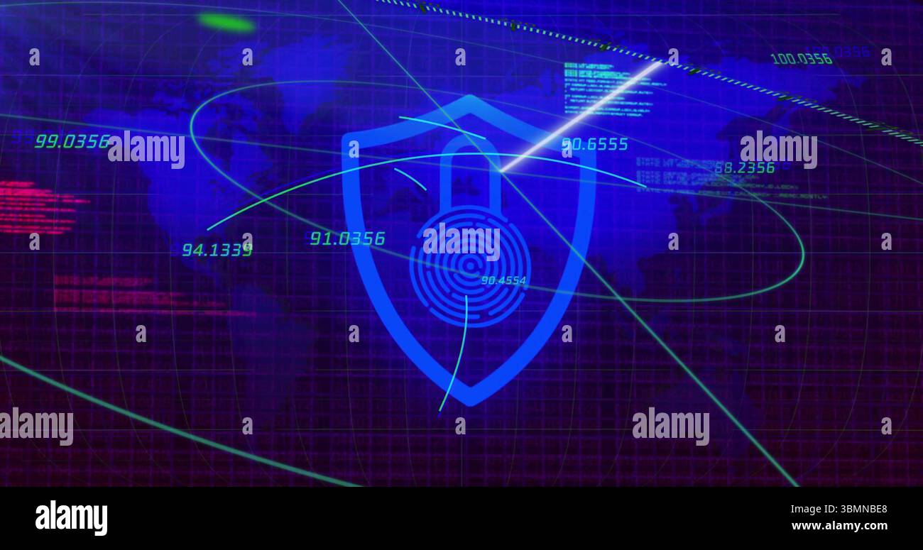 Digital security shield with lock icon over world map and data image Stock Photo