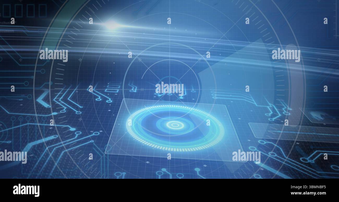 Displaying glowing holographic interface floating above panel with circuit overlays on virtual grid Stock Photo