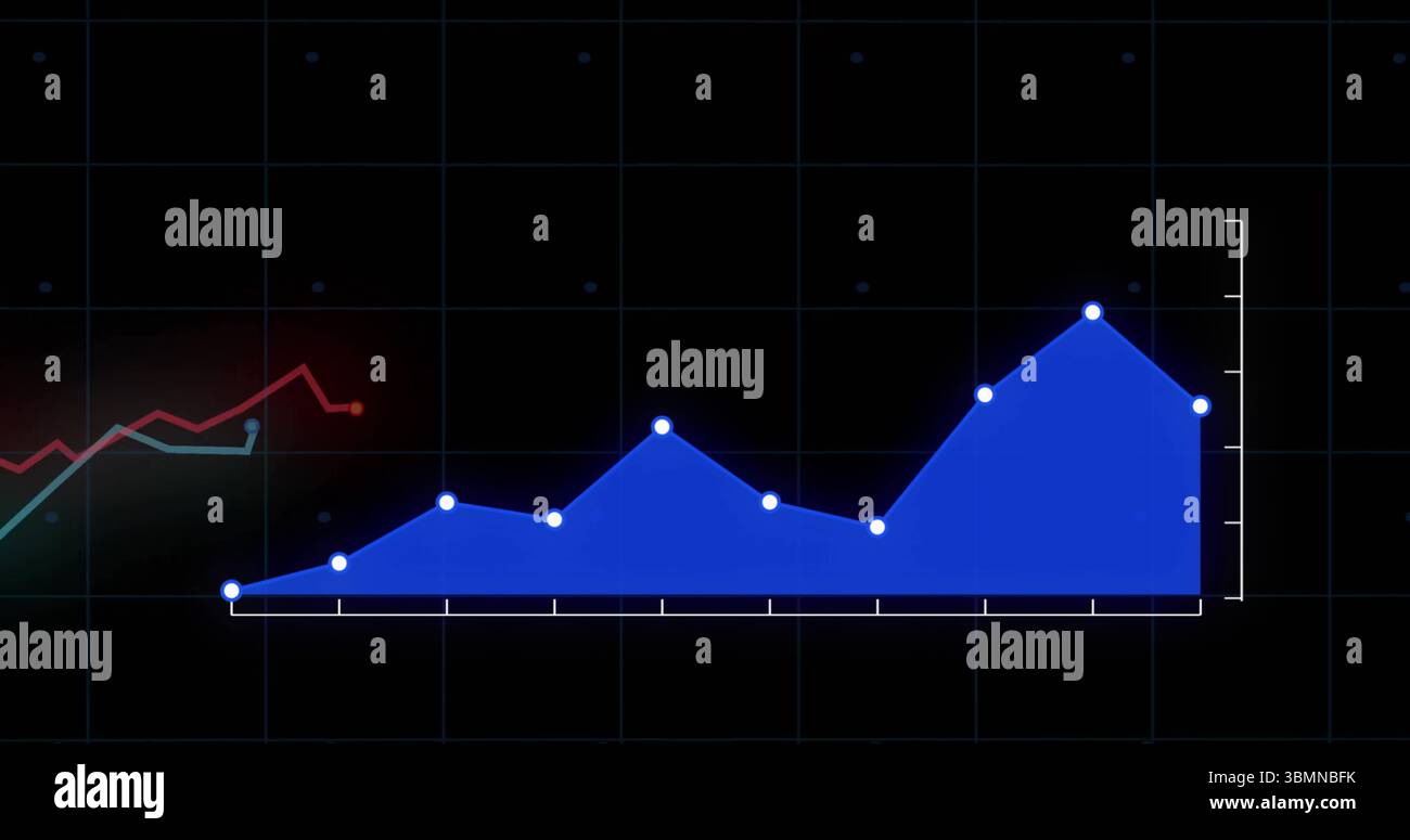 On dark grid background, blue line graph image showing upward trend ...