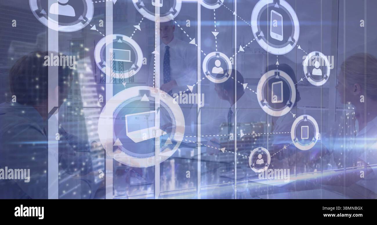 Six professionals collaborating around table in boardroom with glass walls, with interface icons Stock Photo