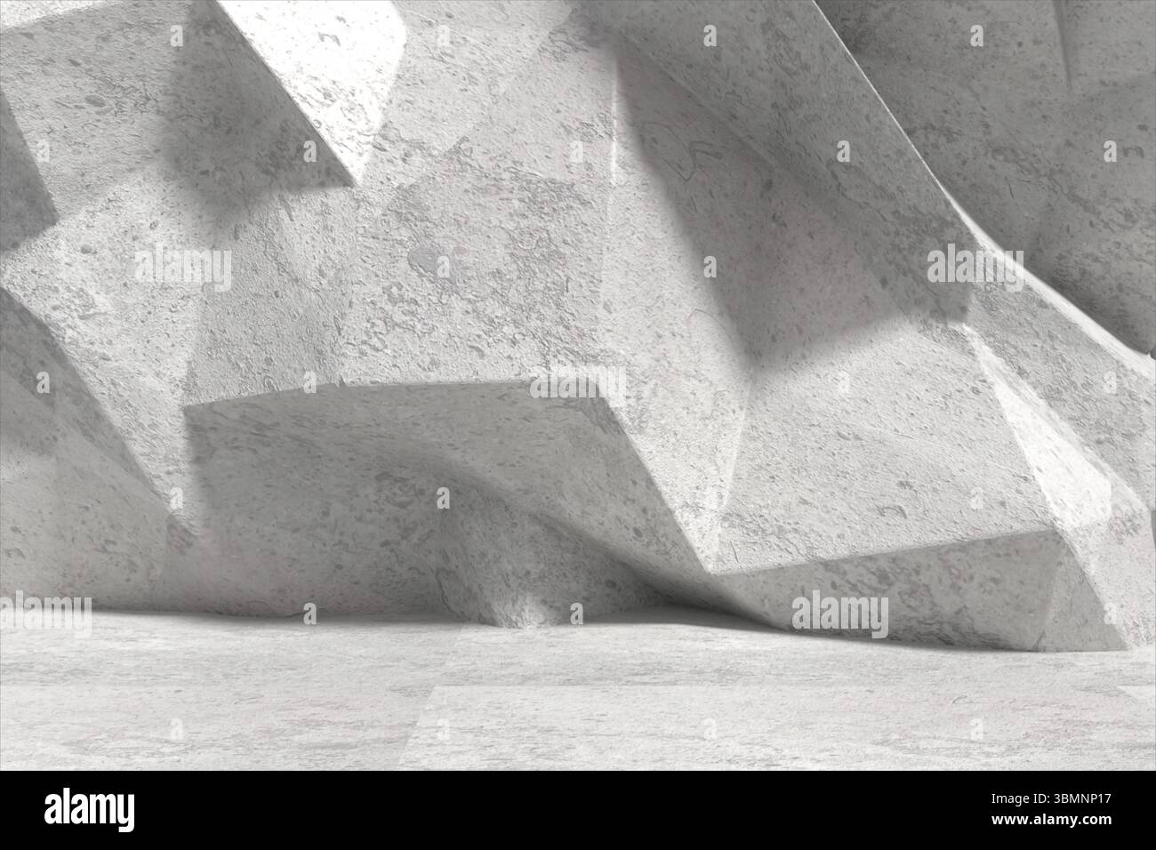 3D render showing sculpted faceted concrete wall extending across ...