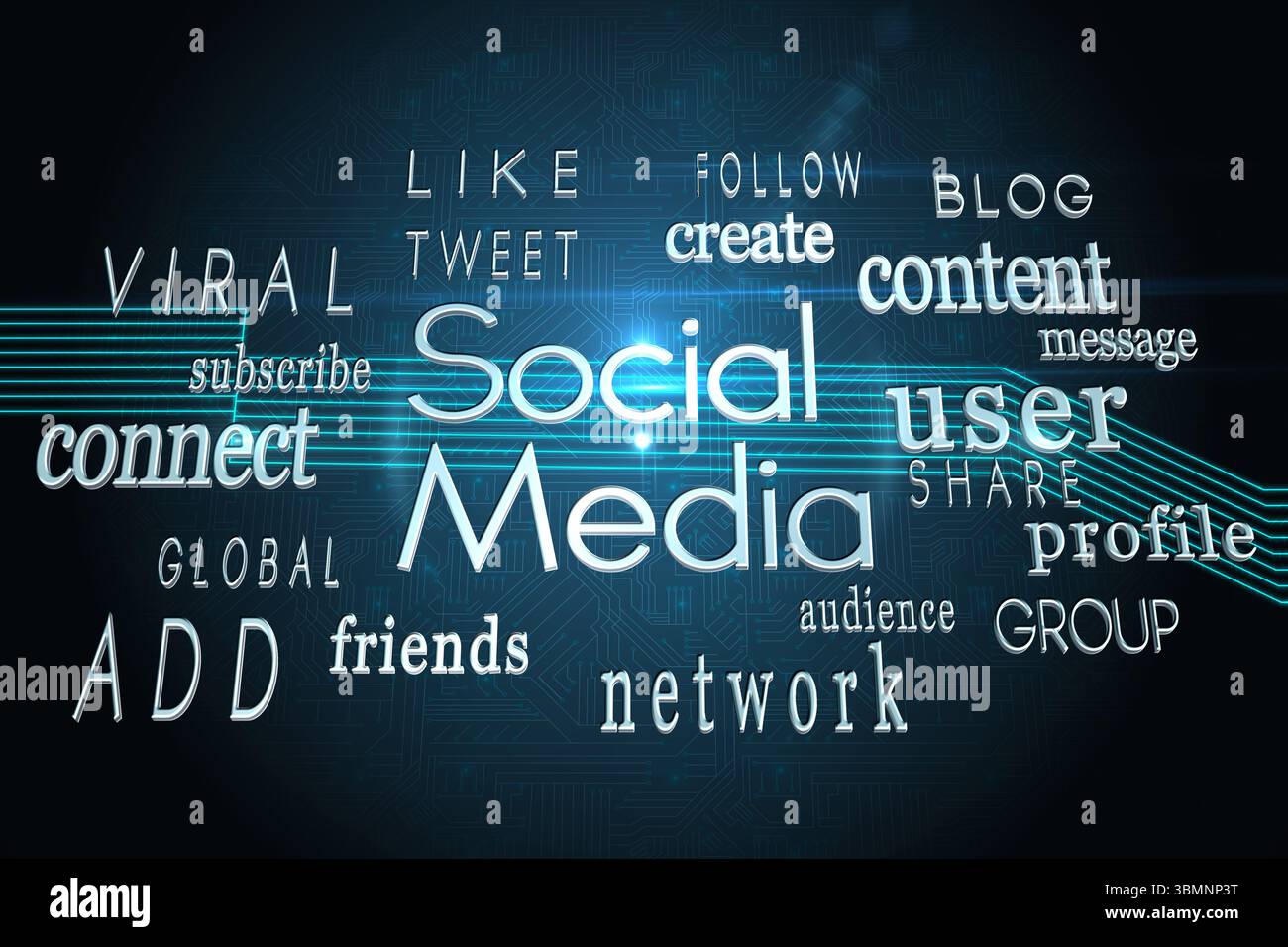 Social media buzzwords on black background Stock Photo