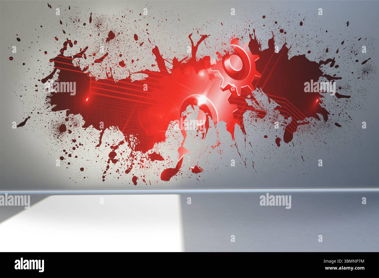 Splash on wall revealing cogs and wheels Stock Photo