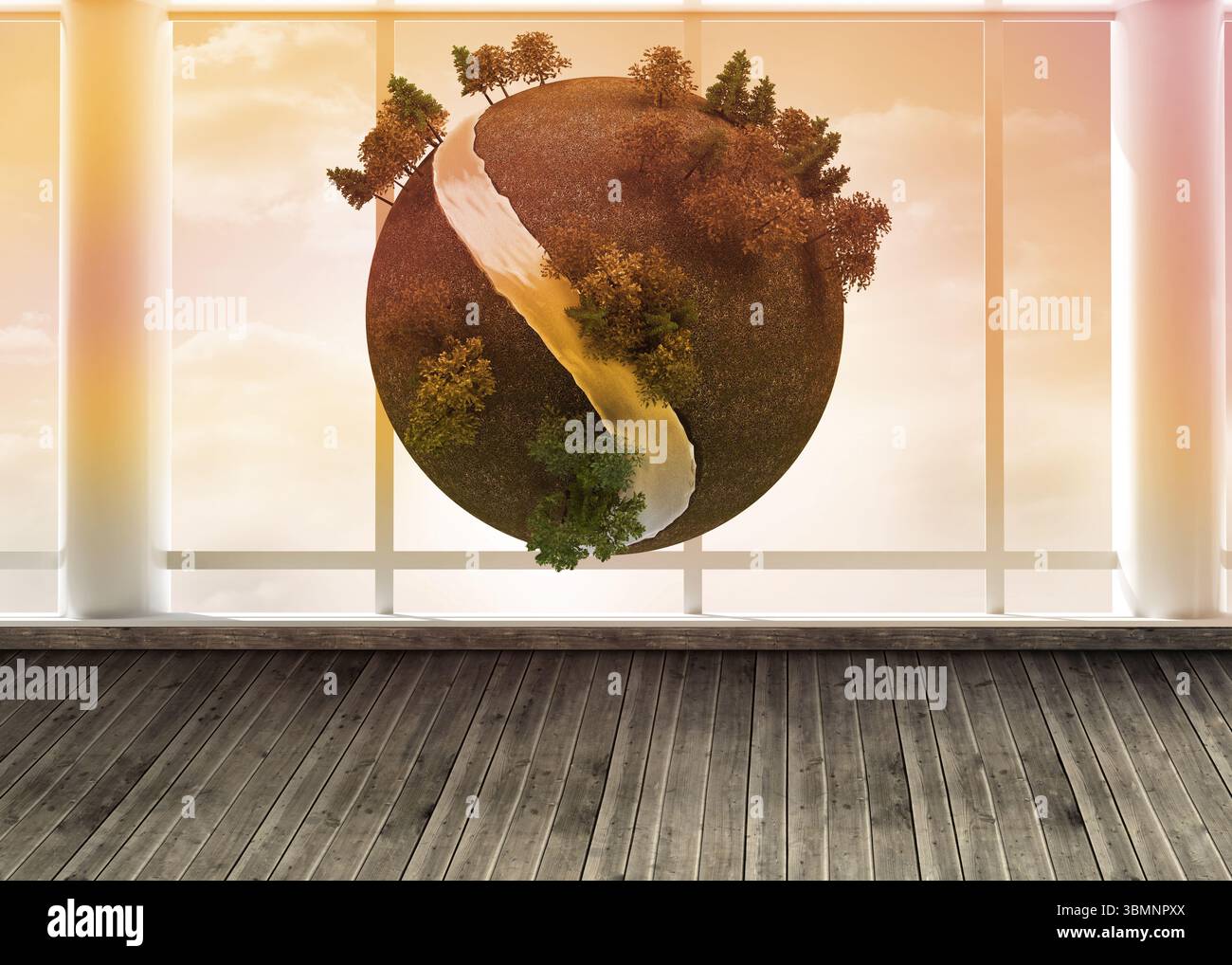 Digital earth floating in room Stock Photo
