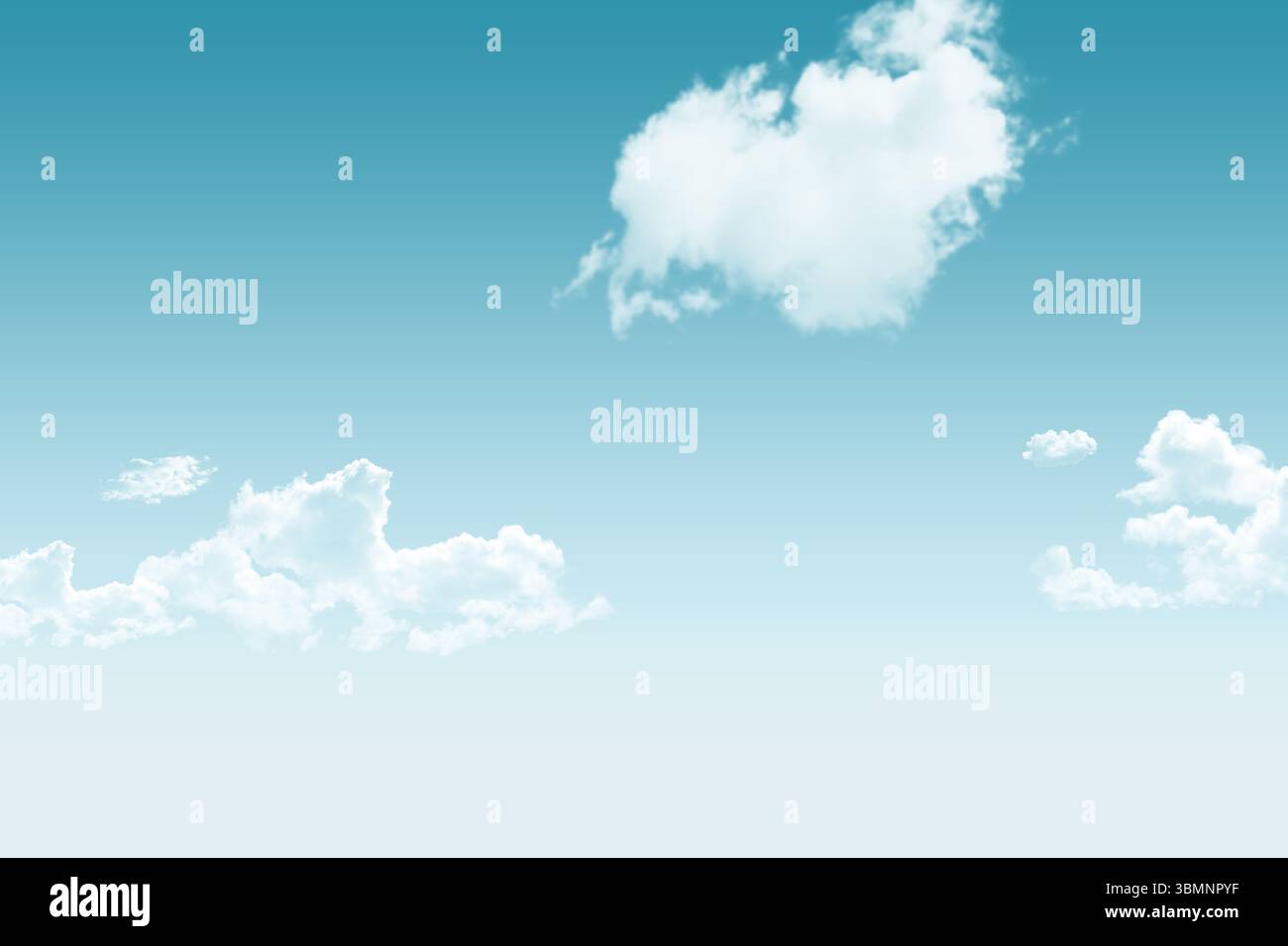 Large fluffy cumulus cloud is hovering in flat design gradient blue sky with small cloud clusters Stock Photo