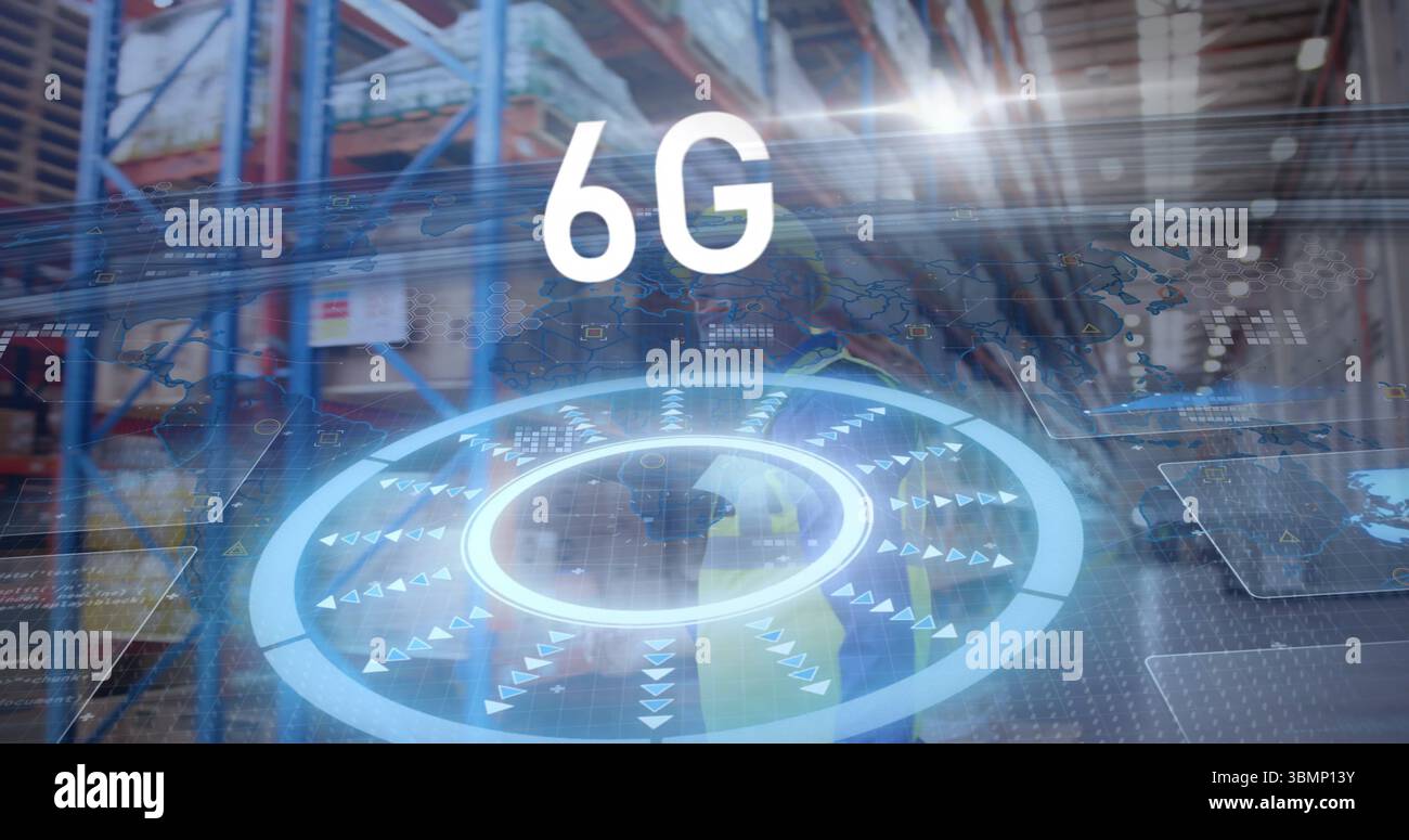 Projecting translucent holographic interface labeled 6G hovering over warehouse aisle, with racks Stock Photo