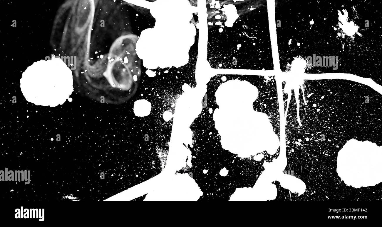 Displaying abstract white paint splatter pattern on canvas surface, featuring drips streaks blobs Stock Photo