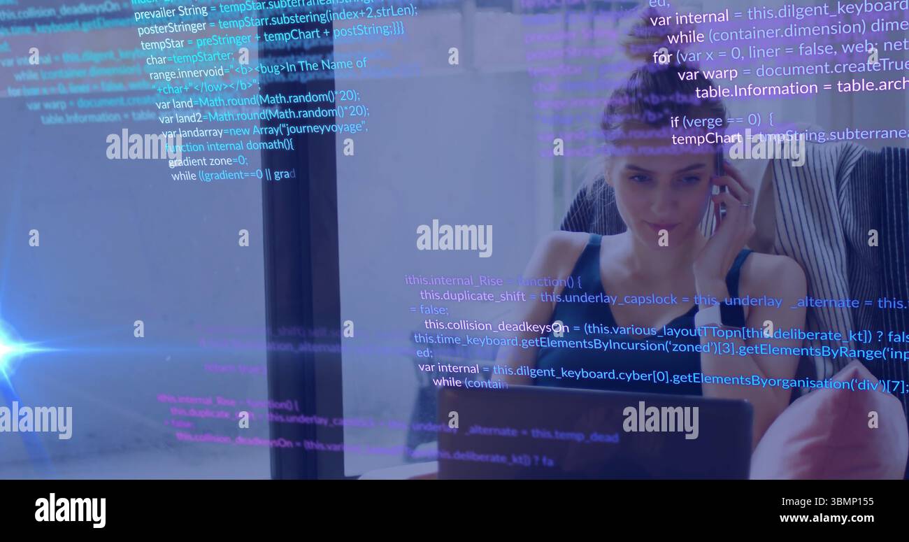 Focusing coder wearing striped shirt viewing laptop at glass partition, code overlay, copy space Stock Photo