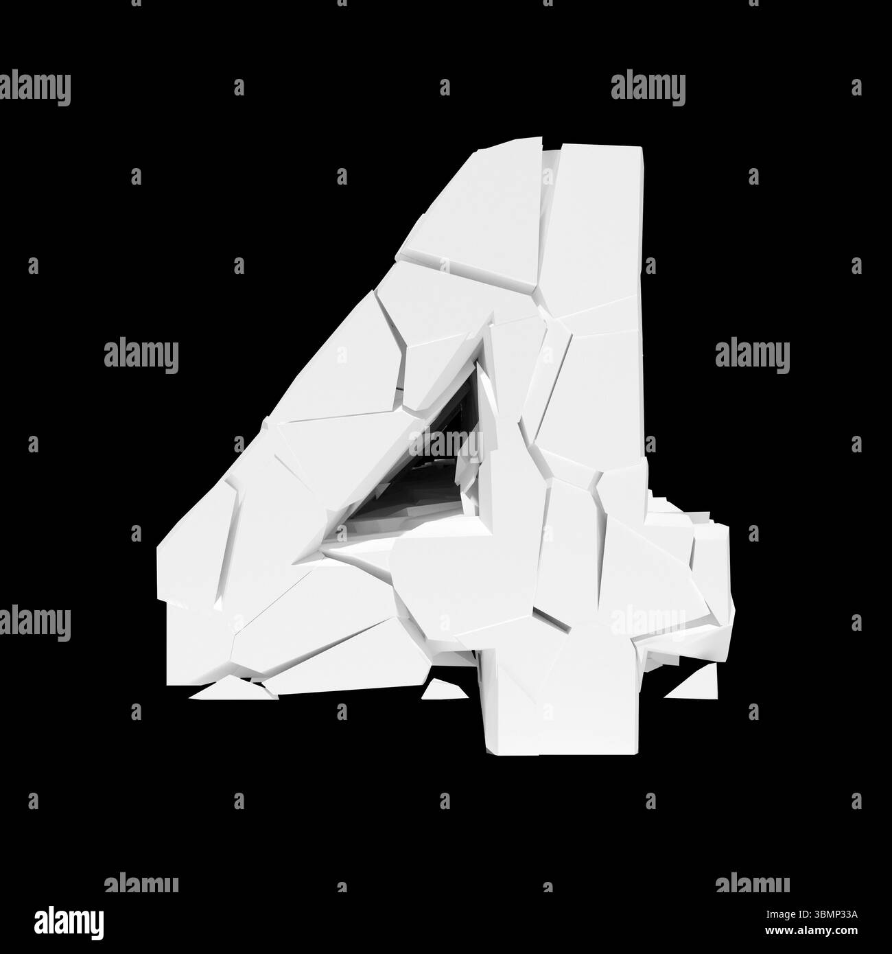 Isolated cracked number 4 on a black background. 3D render Stock Photo