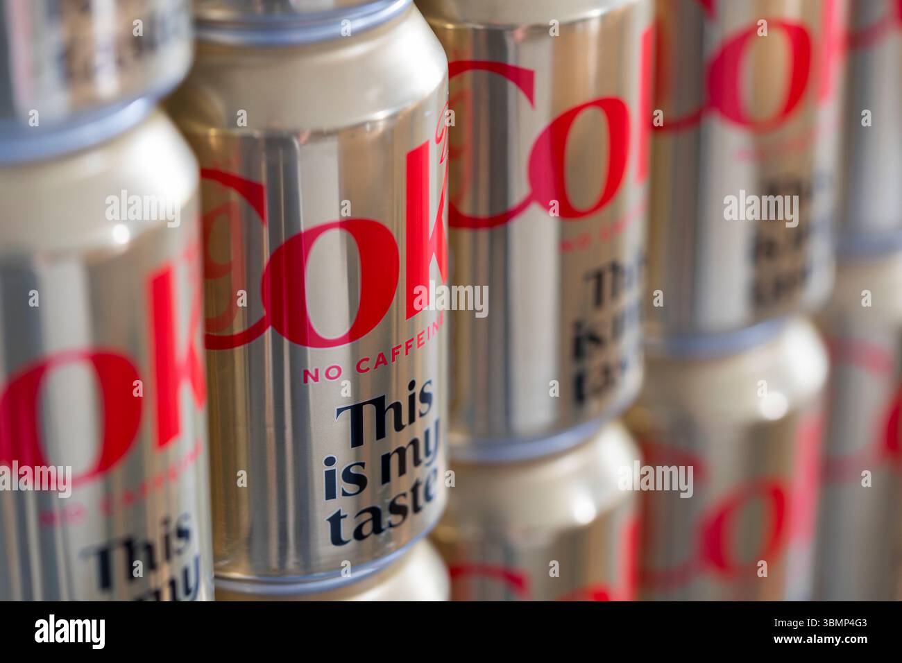 No caffeine diet coke cans stacked. The UK "sugar tax," formally known as the Soft Drinks Industry Levy (SDIL), is a tax on pre-packaged sugary drinks Stock Photo