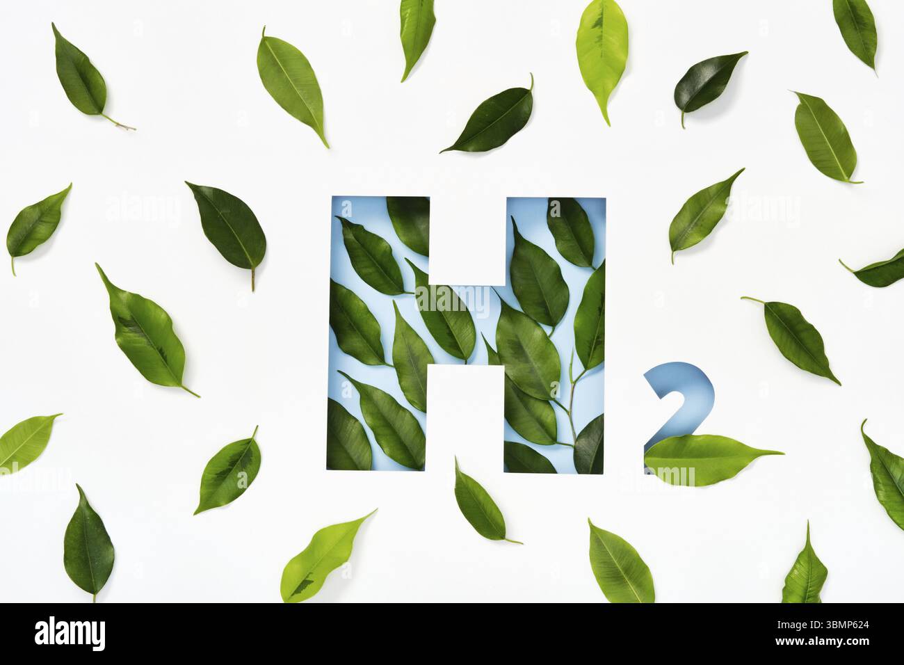 H2 hydrogen icon made of cut paper and green leaves on blue background ...