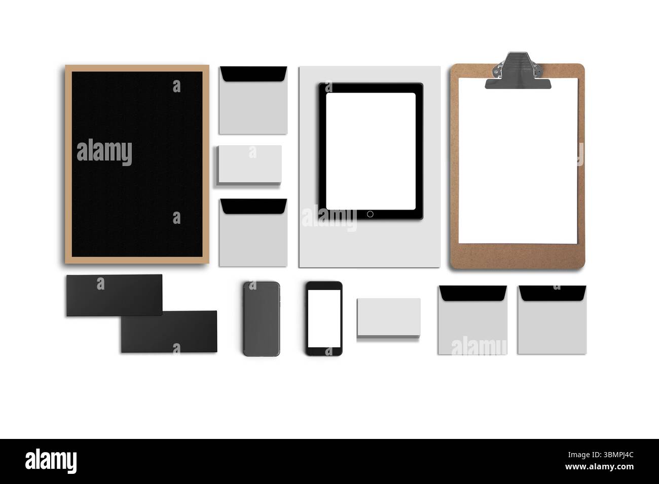 Blank Corporate ID. Set isolated on white. Consist of business cards, folder, tablet PC, envelopes, a4 letterheads, notebooks, flash, pencil, cd disk Stock Photo