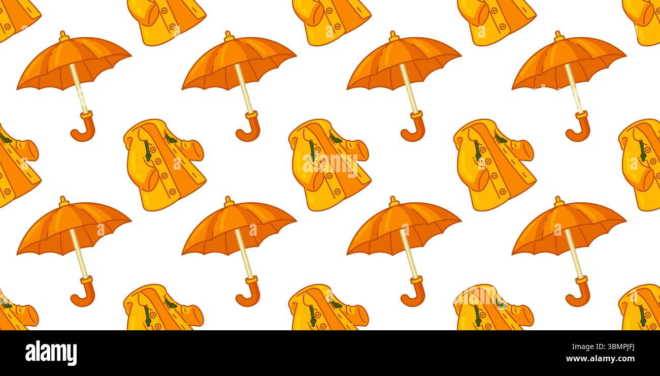 Seamless Raincoat Umbrella Pattern Design. Yellow raincoats and orange ...