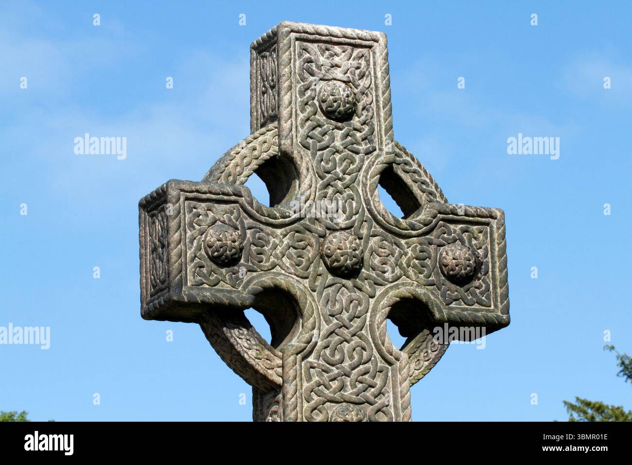 Highly decorated Celtic Cross in Cathays Cemetery. Wales, UK Stock Photo
