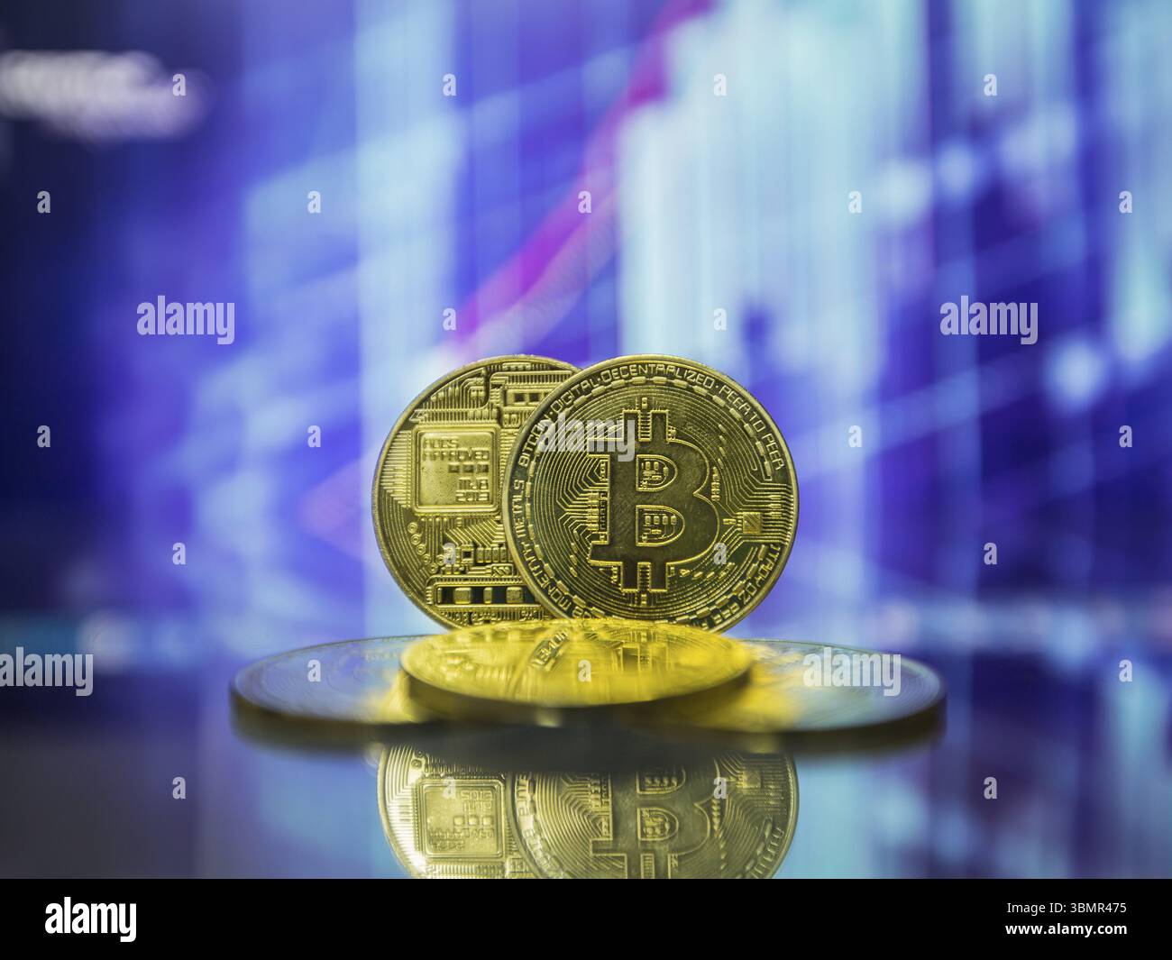 Bitcoin symbol, close up view of gold cryptocurrency coin with binary code  on black background, front view, 3D rendering Stock Photo - Alamy