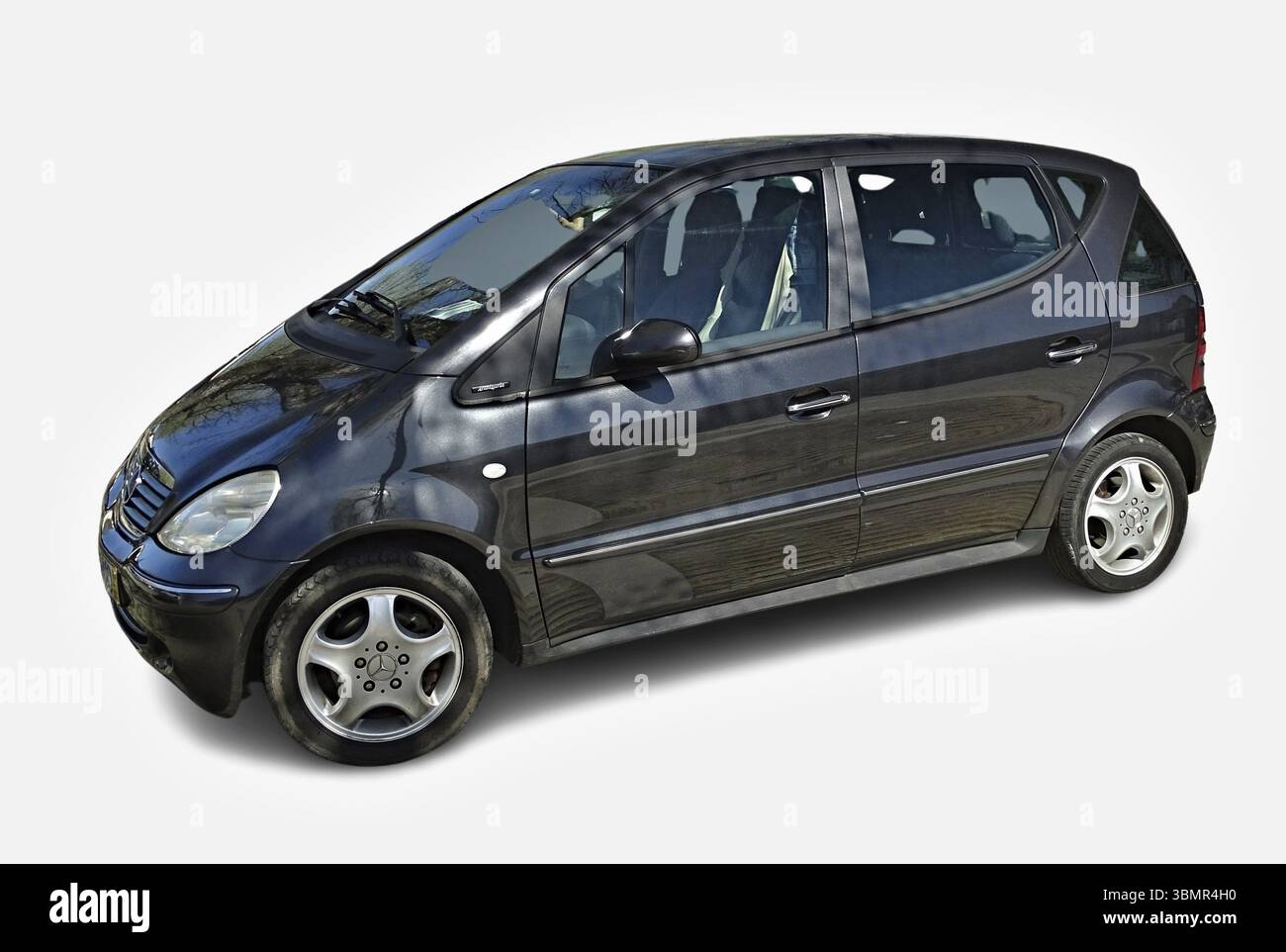 Studio shot of a Mercedes-Benz A-Class W168 compact car parking on white background Stock Photo