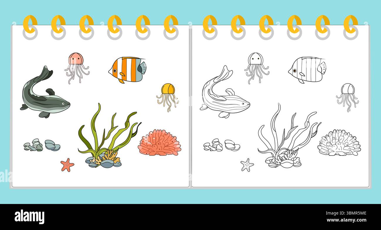 Coloring book Vector Illustration Fish Starfish Jellyfish Seaweed Coral ...