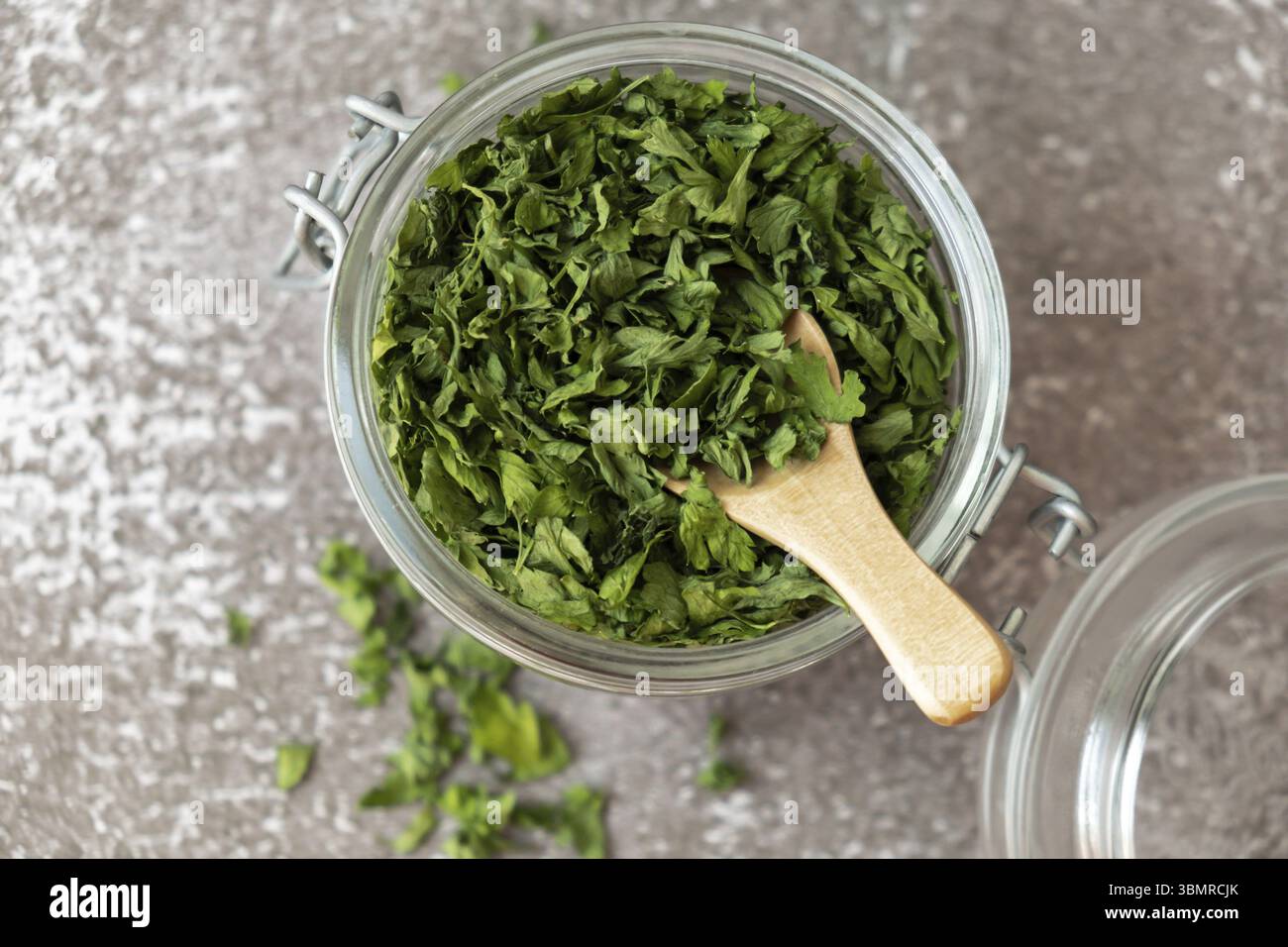 Fresh dried greenery parsley adaptogens ingredient. Herbal medicine healthy eating. Superfood prebiotic food. Sustainable homegrown organic herbs Stock Photo