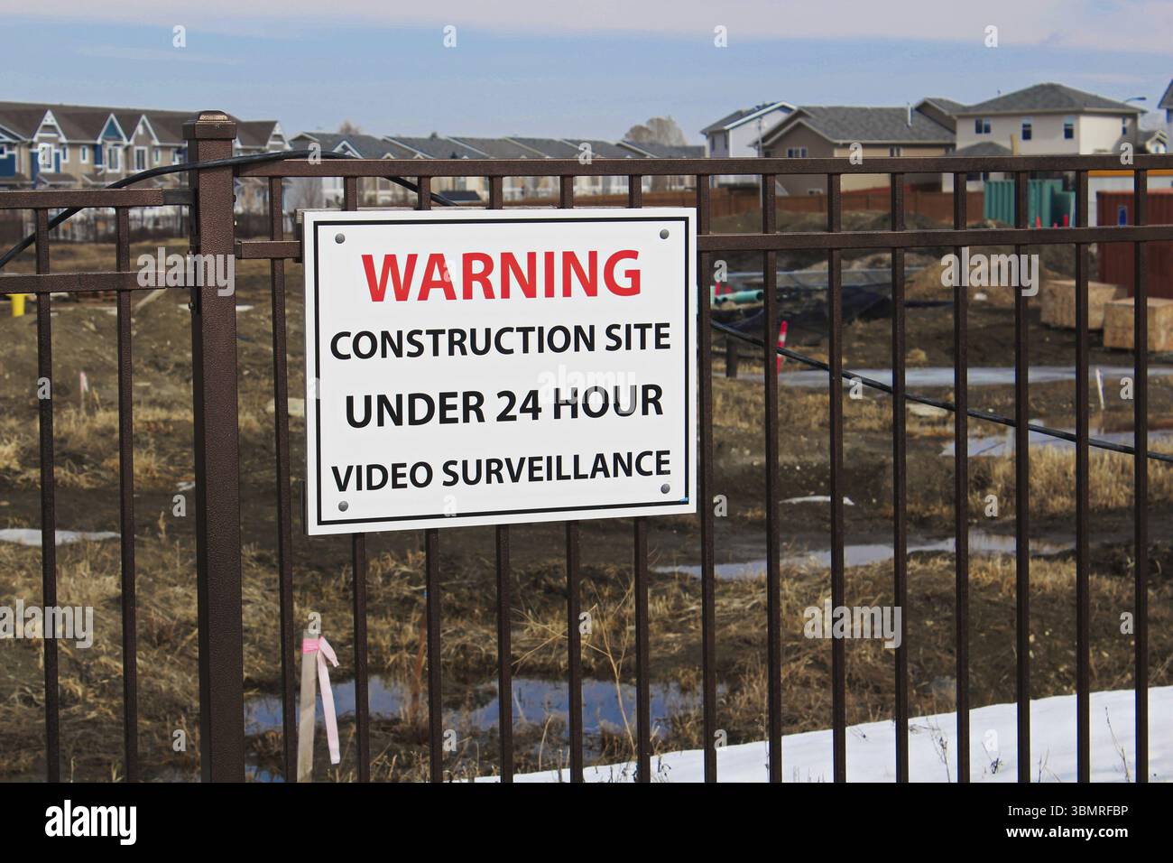 Warning construction site under 24 hour video surveillance Stock Photo