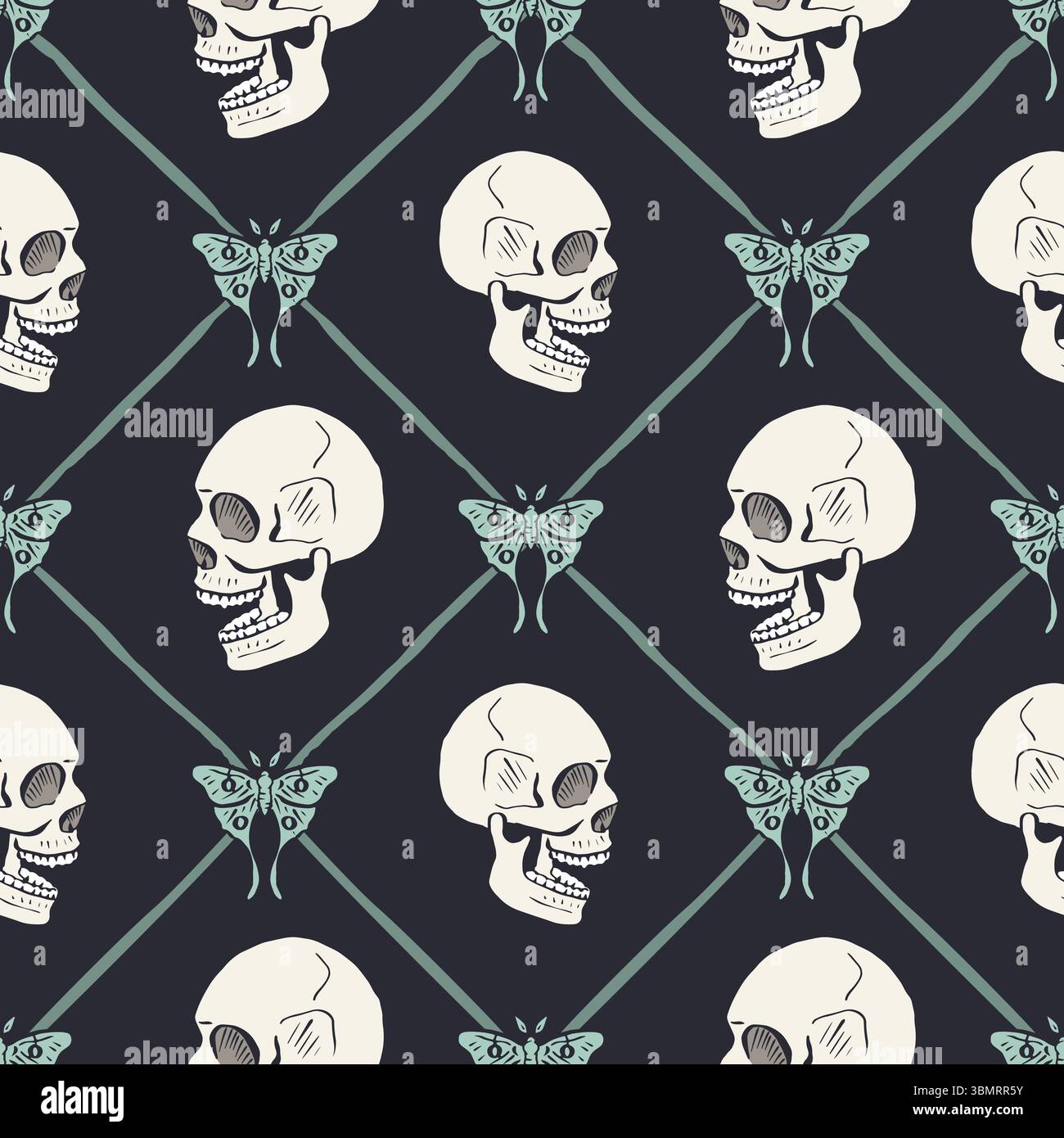Seamless pattern with hand drawn human skulls and luna moths, inside trellis Stock Vector