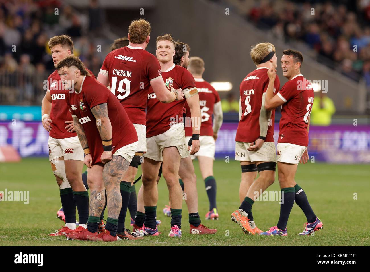 Perth, Australia. 28th June, 2025. Lions players celebrate after ...
