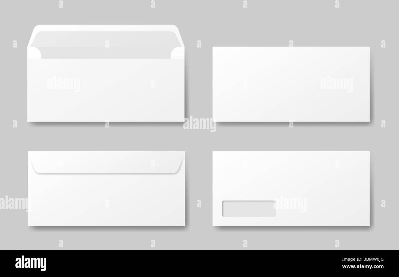 White envelope mockup. Front and back side. Open and closed envelopes ...