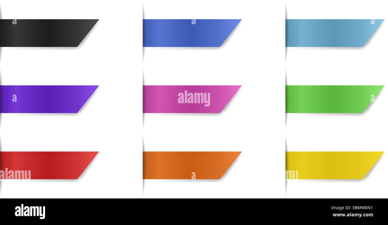 Set of rectangular bookmarks. Horizontal orientation. Multicolored labels with shadows. ?eveled shape Stock Vector