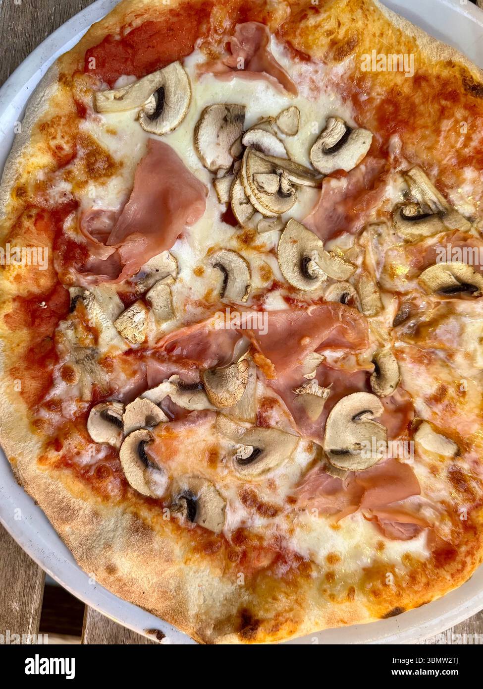 Close-up of a traditional Italian pizza with mozzarella cheese, ham, tomato sauce, and fresh mushrooms on a thin crust, served on a white plate. - Smartphone Captured Stock Image