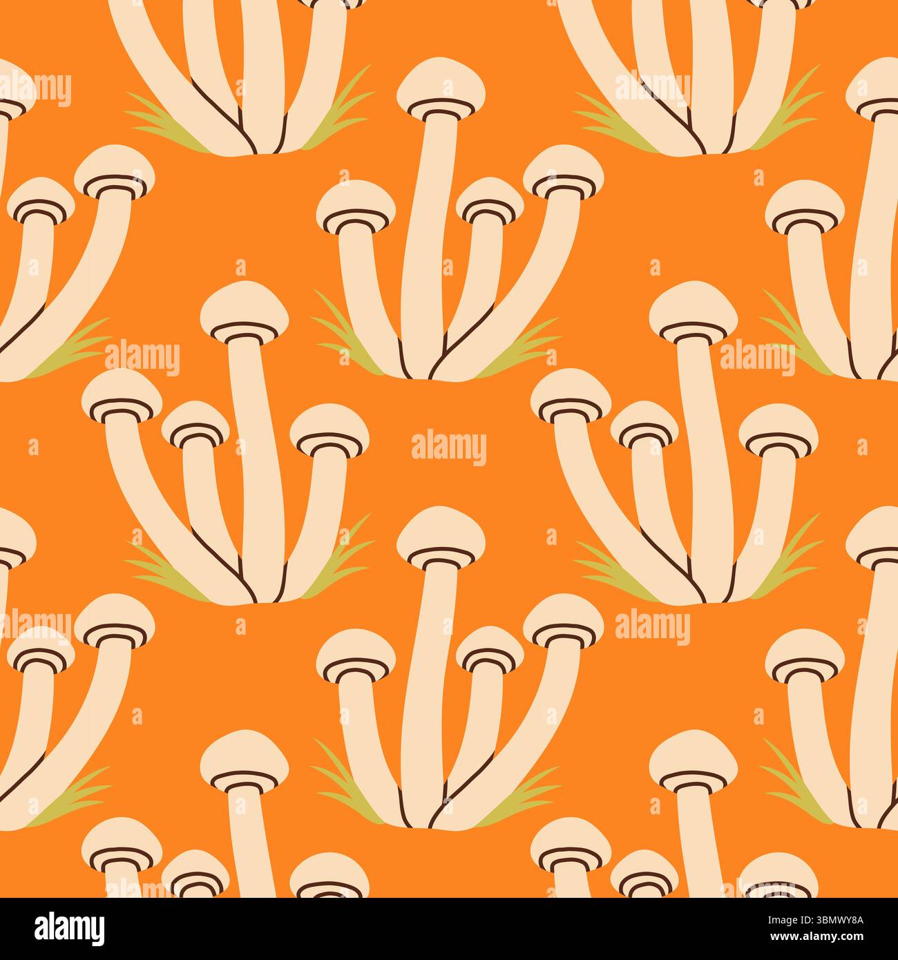 Mushrooms seamless pattern. Autumn isolated mushrooms on orange background. Square repeat pattern flat design for fall season. Stock Vector