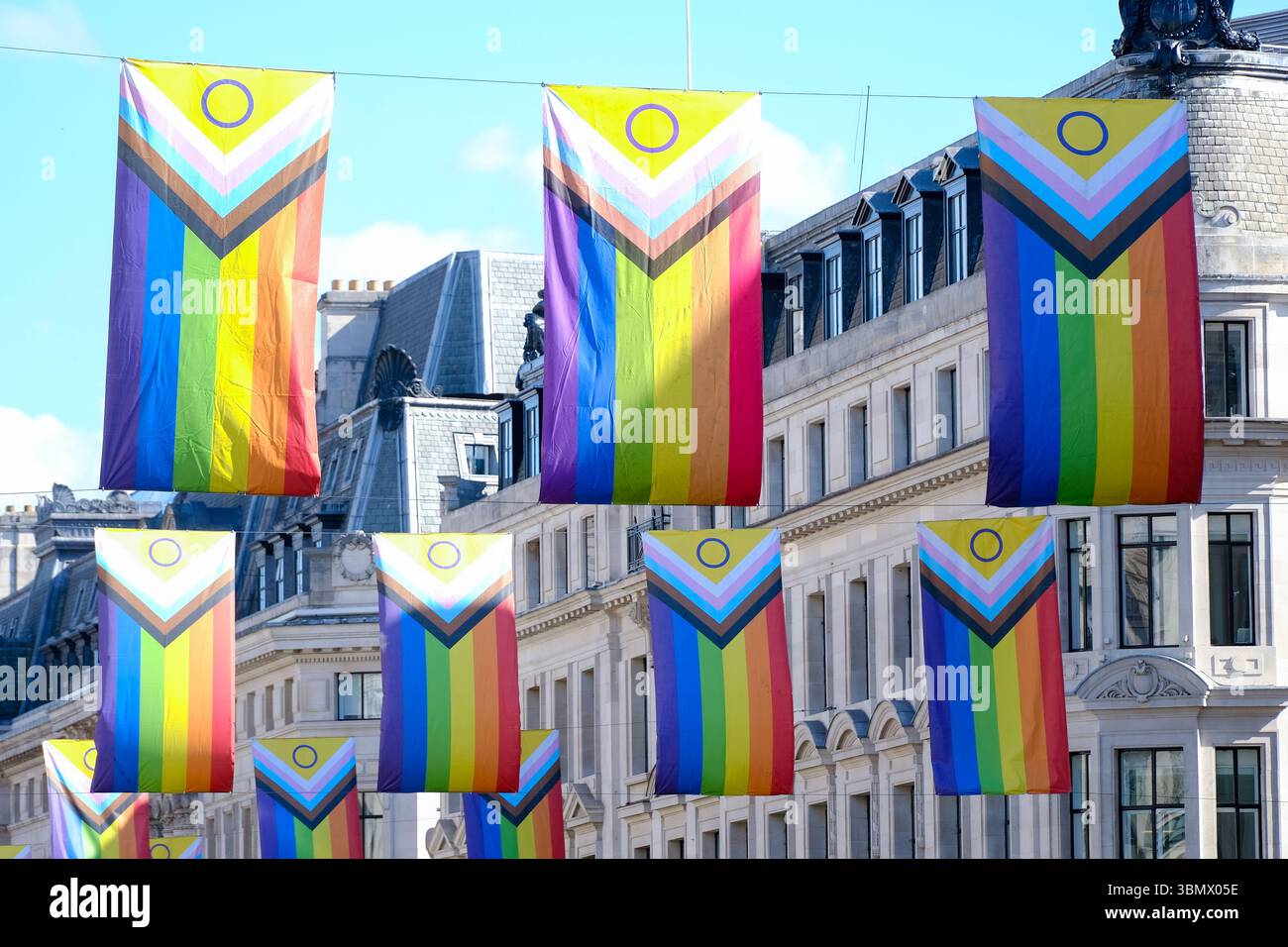 London, UK. 28th June, 2025. Pride flags are displayed in Regent Street ahead of the Pride in London parade next weekend. The Intersex-Inclusive design was created by Valentino Vecchietti. Credit: Eleventh Hour Photography/Alamy Live News Stock Photo