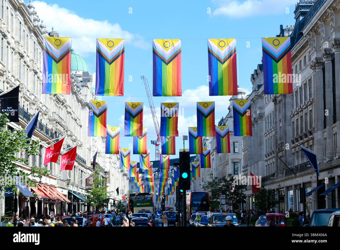 London, UK. 28th June, 2025. Pride flags are displayed in Regent Street ahead of the Pride in London parade next weekend. The Intersex-Inclusive design was created by Valentino Vecchietti. Credit: Eleventh Hour Photography/Alamy Live News Stock Photo