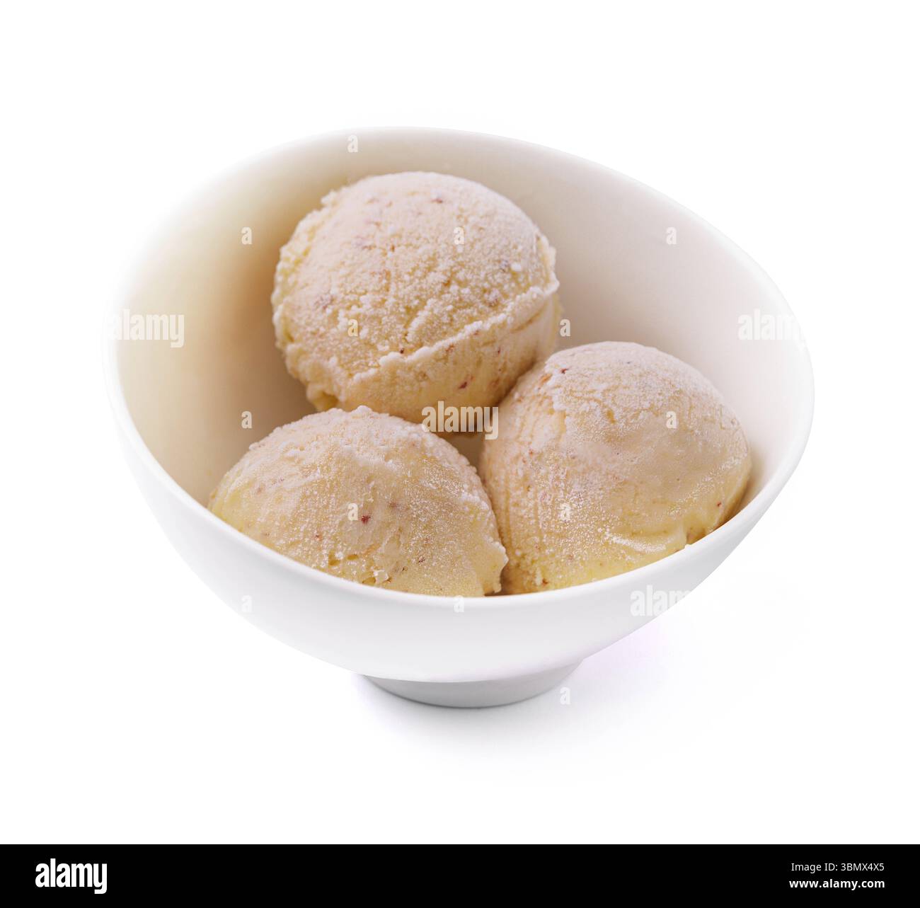 food still-life, Three balls of vanilla-banana ice cream in white bowl Stock Photo