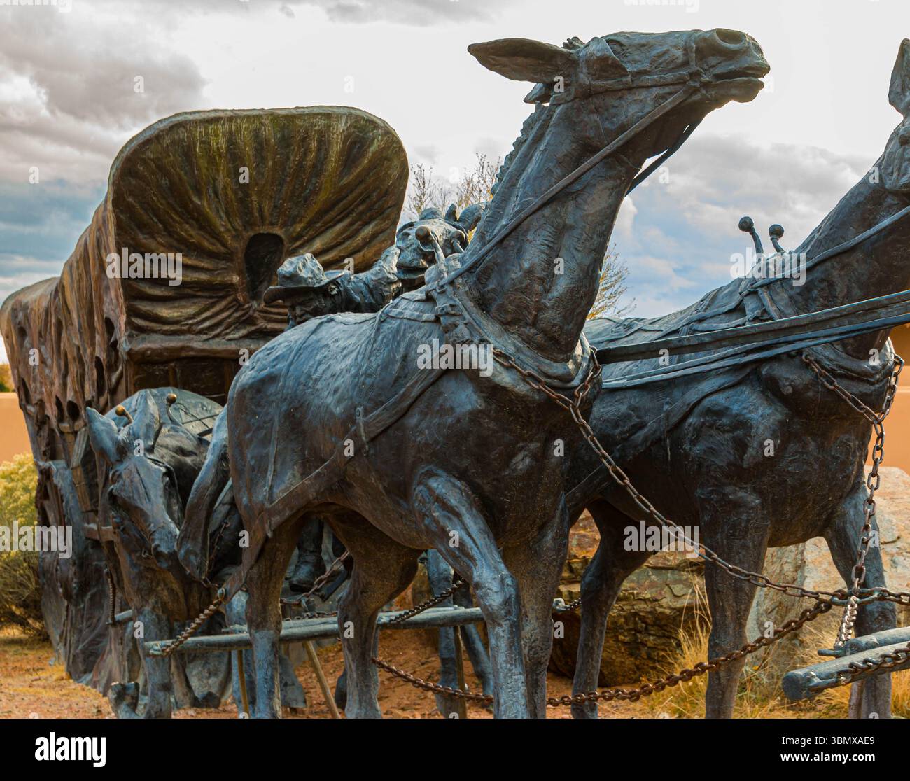 Sculpture Depicting The End of The Journey of The Santa Fe Trail, Santa Fe, New Mexico, USA Stock Photo