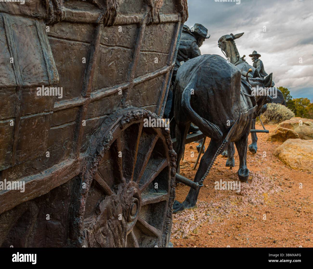 Sculpture Depicting The End of The Journey of The Santa Fe Trail, Santa Fe, New Mexico, USA Stock Photo