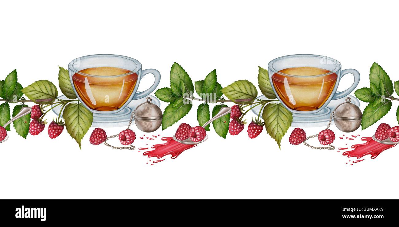 Tea border with raspberries and leaves, a digital watercolor drawing of ...