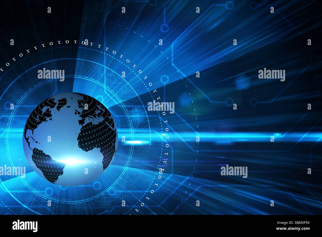 Digital Earth globe shining in futuristic flat design, featuring binary ring and circuit patterns Stock Photo