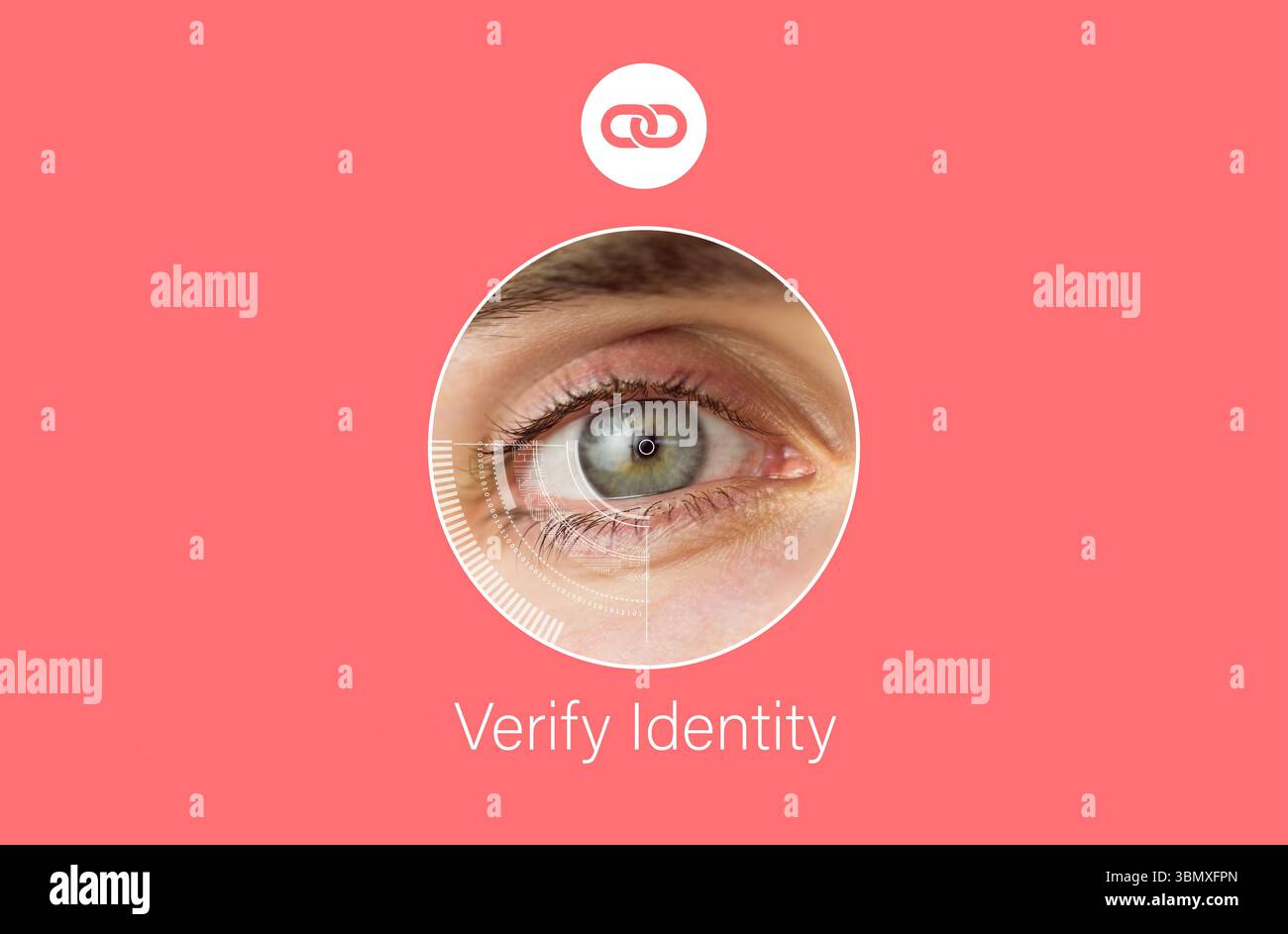 Flat design showing coral red background with chain icon, eye scanning ...