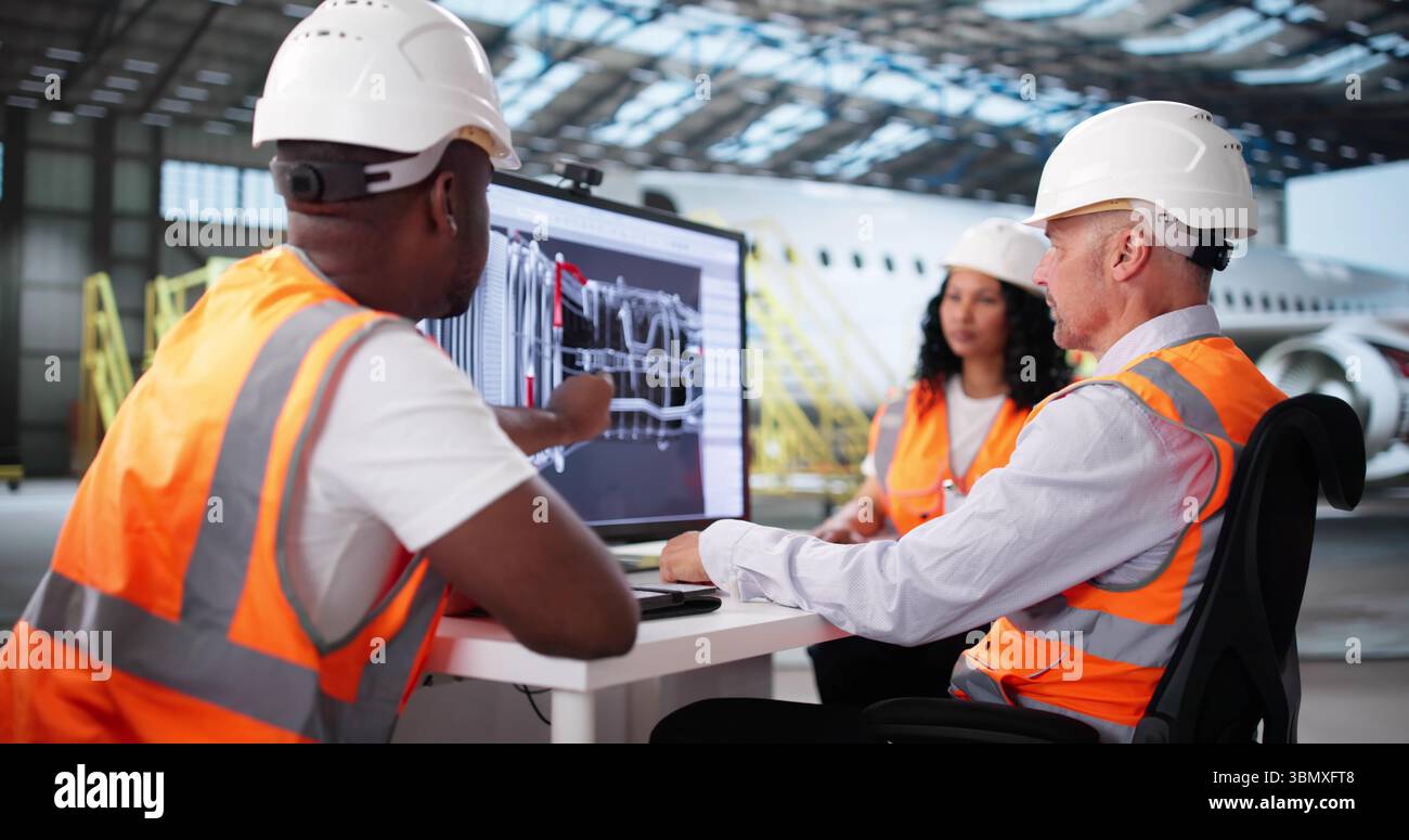 Diverse Team Of Technicians Draft Aircraft Engine Design On Computer. Stock Photo