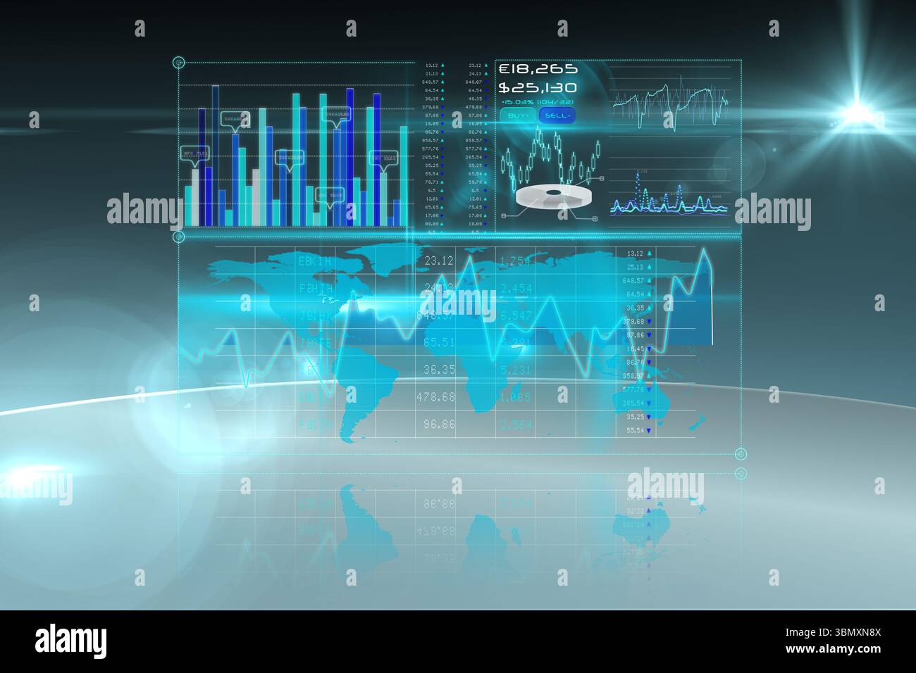Futuristic 3D render showing data dashboard floating over mirror floor, displaying charts, map Stock Photo