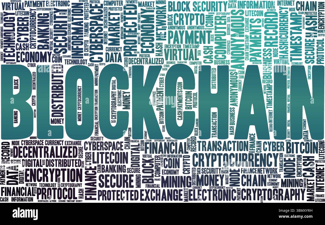 Blockchain word cloud conceptual design isolated on white background. Stock Vector