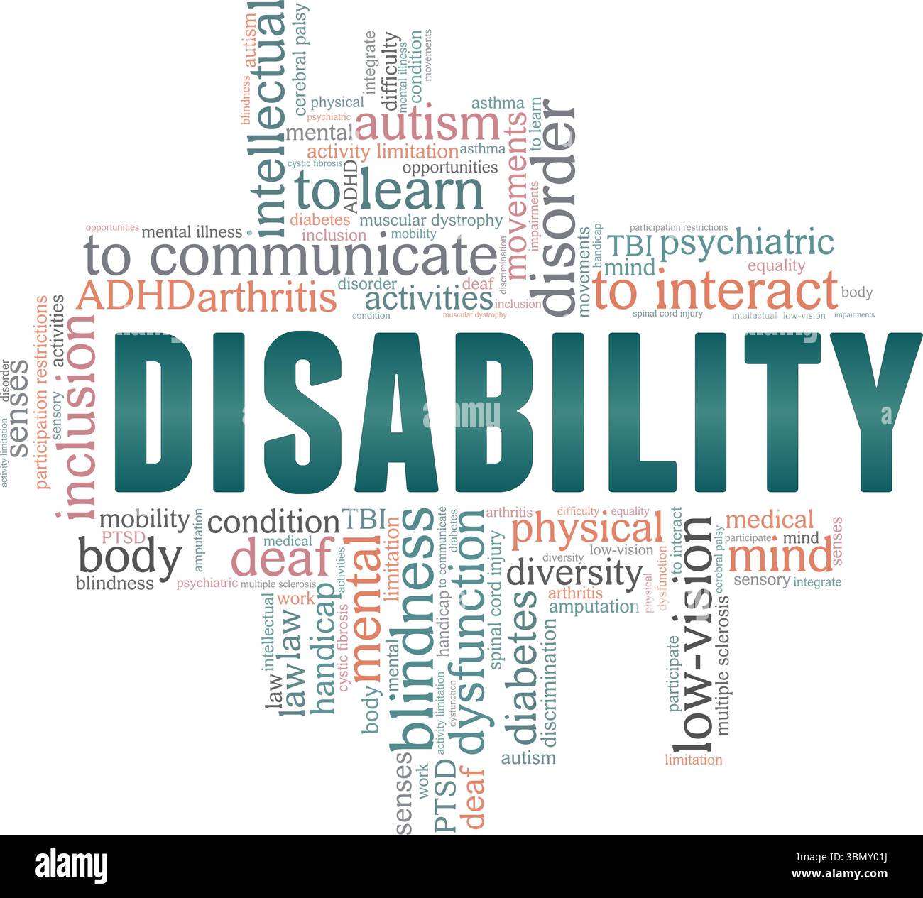 Disability word cloud conceptual design isolated on white background. Stock Vector