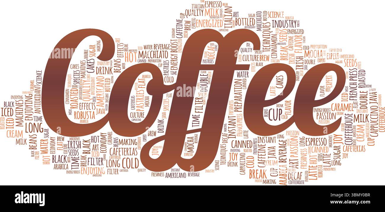 Coffee word cloud conceptual design isolated on white background. Stock Vector