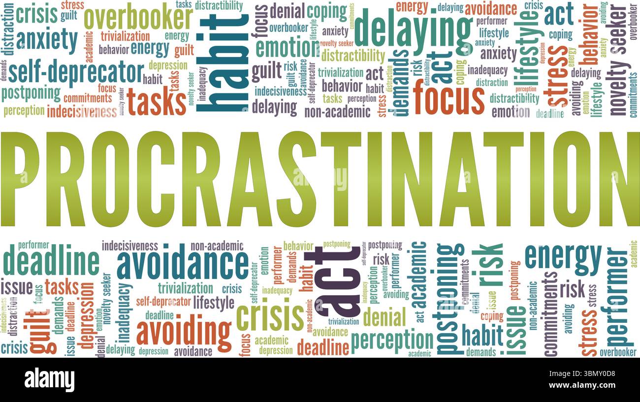 Procrastination word cloud conceptual design isolated on white background. Stock Vector