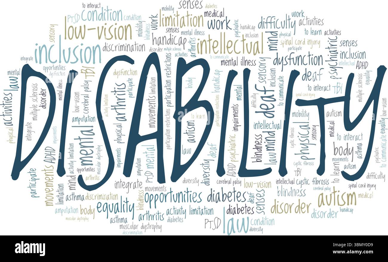 Disability word cloud conceptual design isolated on white background. Stock Vector