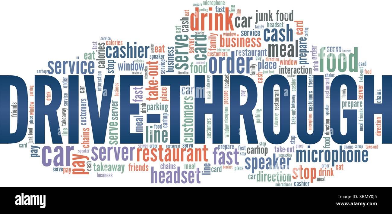 Drive-Through word cloud conceptual design isolated on white background. Stock Vector