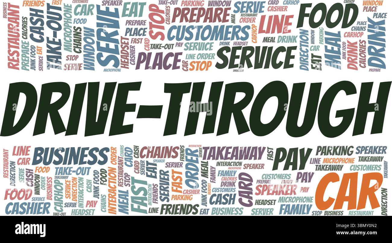 Drive-Through word cloud conceptual design isolated on white background. Stock Vector