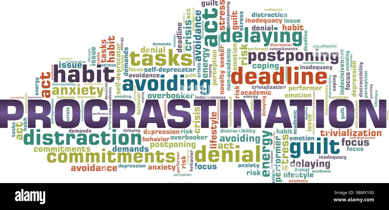 Procrastination word cloud conceptual design isolated on white background. Stock Vector