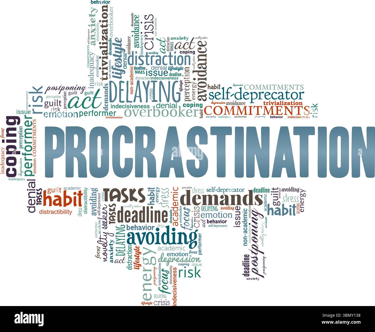 Procrastination word cloud conceptual design isolated on white background. Stock Vector